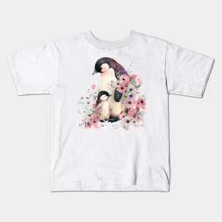 Cute penguin with baby and flowers Kids T-Shirt